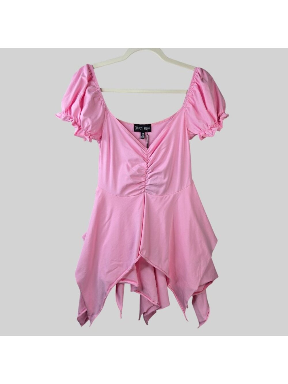 Current Mood Fairycore Mini Dress Sz M Pink Hankerchief Hem Puff Sleeve Babydoll
